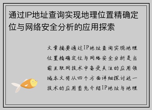 通过IP地址查询实现地理位置精确定位与网络安全分析的应用探索